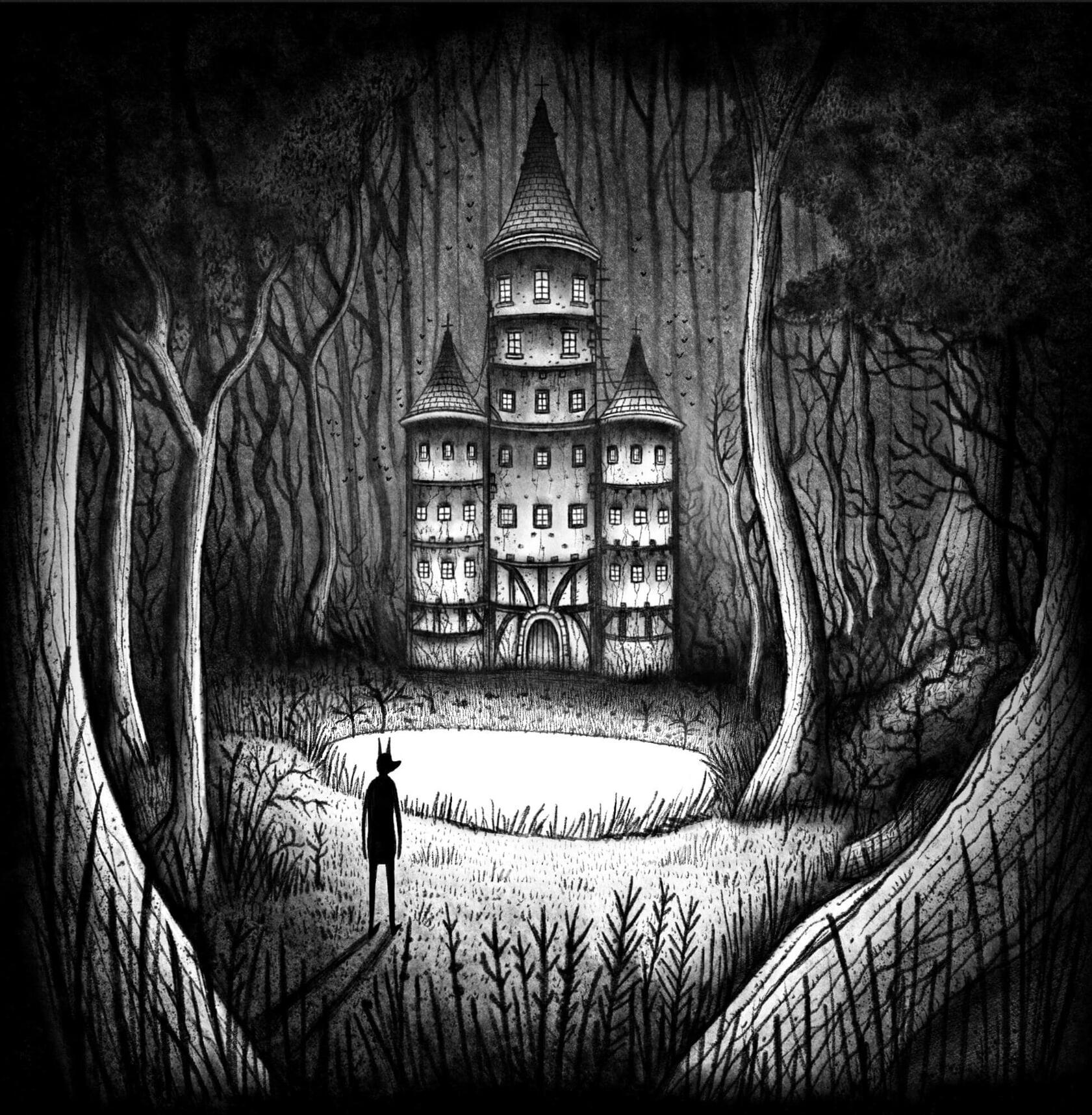 Black and white monochrome wood with castle in the centre of it. A man looks on at it, towards a glowing white lake that illuminates the entire structure. The drawing is very detailed with many markings and shading.
