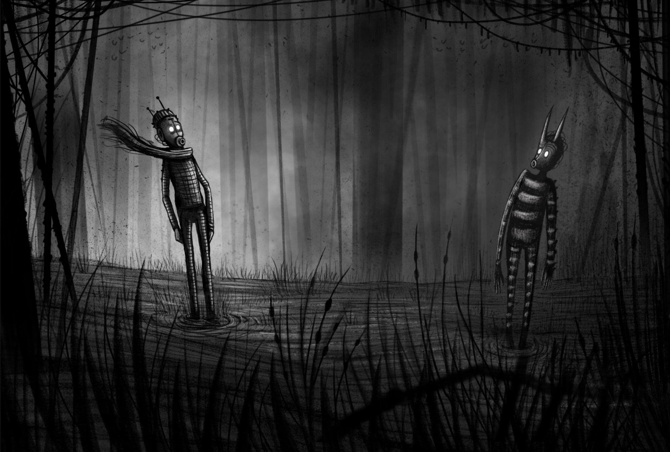 A dark, eerie forest scene with two robotic figures. One with a scarf, antennae, and glowing eyes on the left; another with pointy ears and stripes on the right.