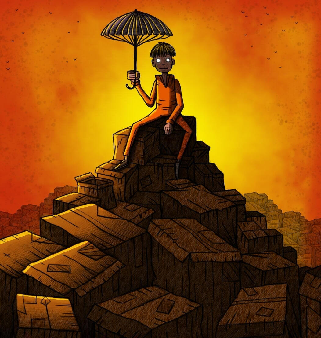Character with umbrella sitting atop a jagged block mountain under a burning orange sky, surrealist children’s book style illustration.